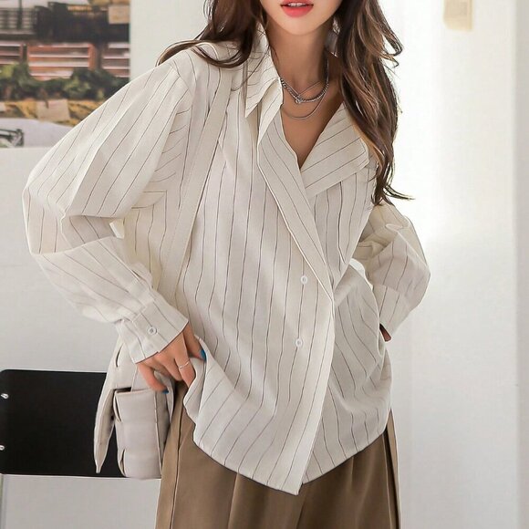 White Elegant Women's Striped Print Drop Shoulder Shirt - Picture 1 of 8